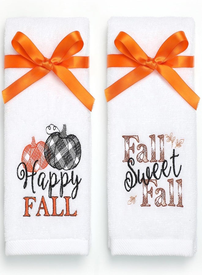 NEWLIGHTURE Fall & Thanksgiving Hand Towels Set of 2, 100% Cotton Pumpkin Hand Towels with Happy Fall Embroidery, Thanksgiving Hand Towel for Bathroom and Kitchen, Thanksgiving Decor - Image 1